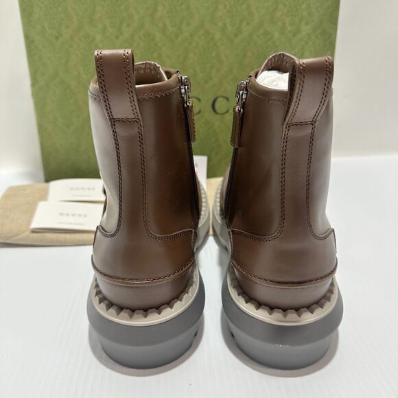 NIB Gucci GG Lace-Up Boots 9 US 9.5 Brown Leather Yellow Insert Side Zip $1600 main image 5